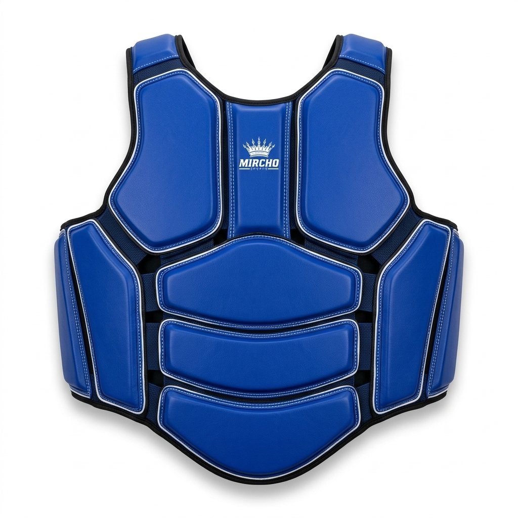 Blue martial arts body protector vest with segmented padding and adjustable straps. - alternate view 3