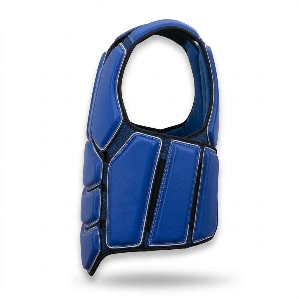 Blue martial arts body protector vest with segmented padding and adjustable straps. - alternate view 4
