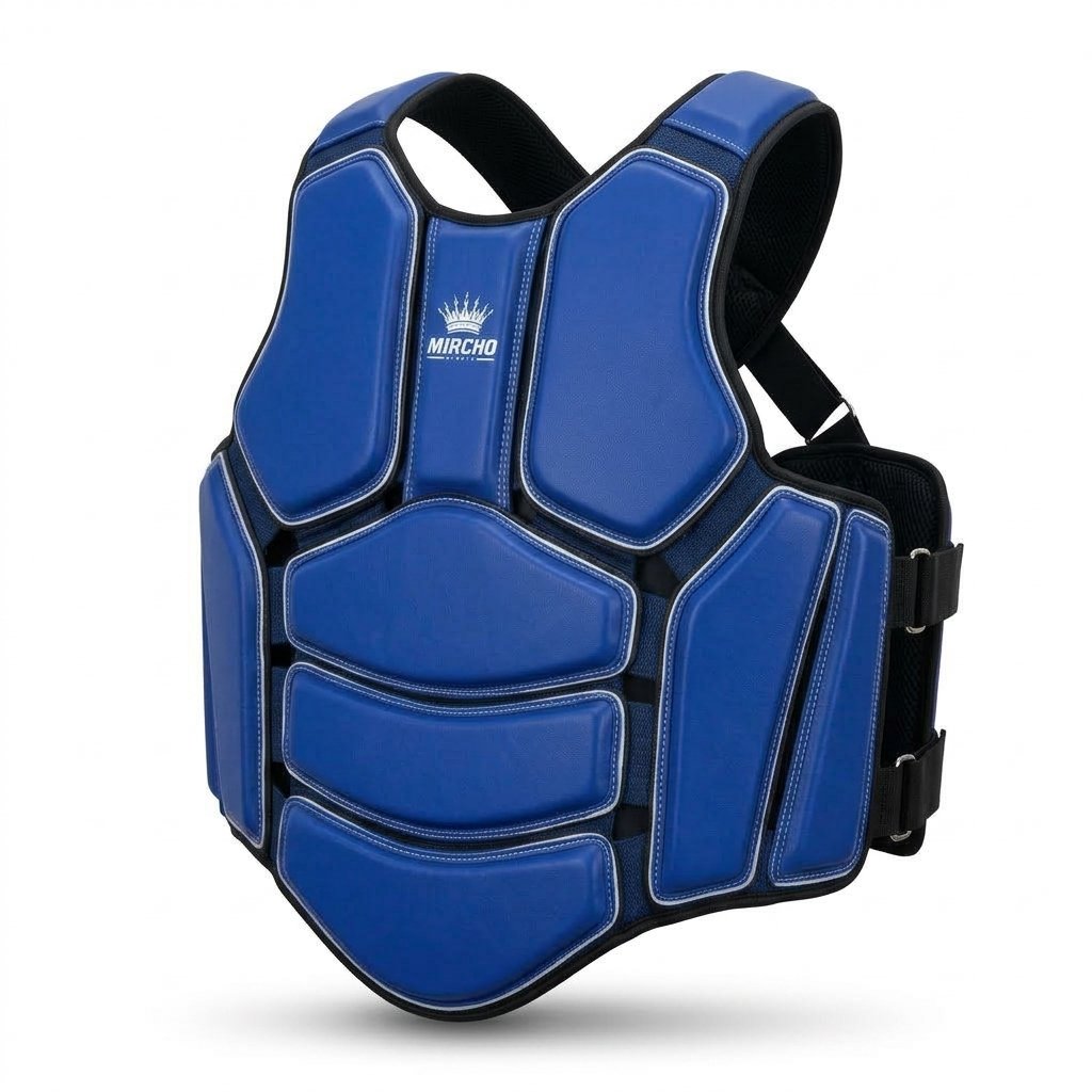 Blue martial arts body protector vest with segmented padding and adjustable straps.