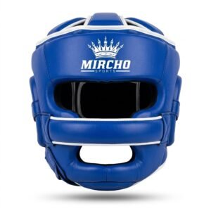Blue martial arts head guard with white piping and protective padding.