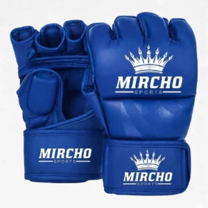 Professional blue MMA gloves with open palm design and wrist support straps.