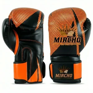 Pair of black and orange professional boxing gloves shown from front and side angles.