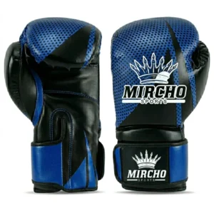 Professional boxing gloves in blue and black with secure wrist closures.