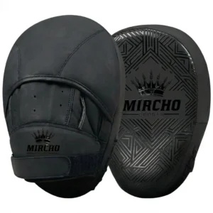Black curved boxing focus pads displayed from front and back angles showing strike surface and hand compartment.