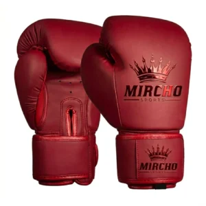 Pair of red boxing gloves with wrist straps displayed against a white background.