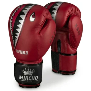 Red boxing gloves with a shark graphic and wrist support straps.