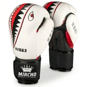 White and black boxing gloves with a red shark graphic design and secure wrist strap.