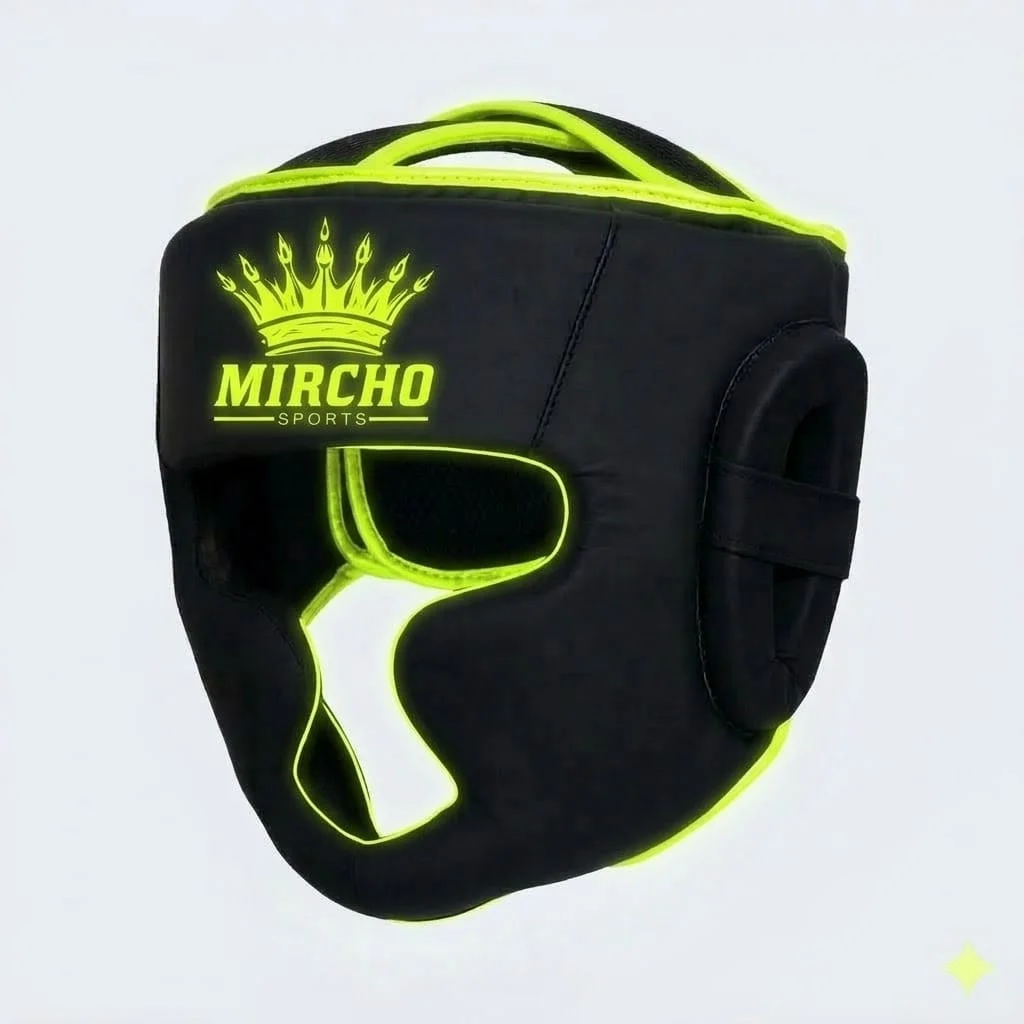Black boxing head guard with neon yellow trim and padding