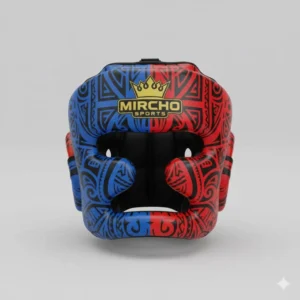 Blue and red patterned boxing head guard with thick padding and open face design.