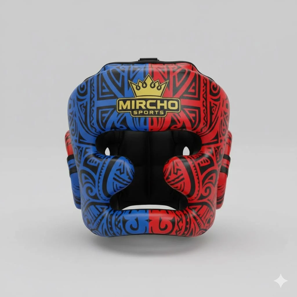 Blue and red patterned boxing head guard with thick padding and open face design.