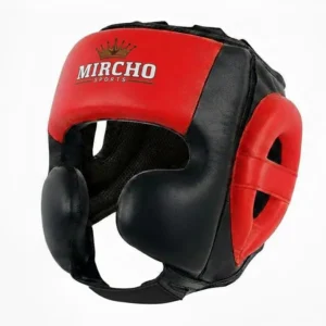Red and black boxing head guard with padded cheek and ear protection.