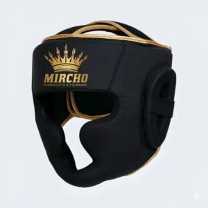 Black and gold boxing head guard with protective cheek and ear padding for training.