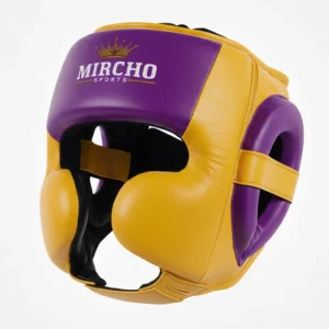 Yellow and purple boxing head guard with cheek protection and thick padding.