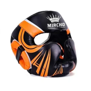 Black and orange boxing head guard with protective padding for martial arts and combat sports training.