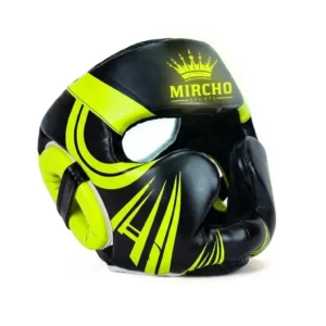 Black and yellow boxing head guard for martial arts training and sparring protection