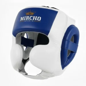 Blue and white boxing head guard with cheek protection and padded ear pieces on a white background