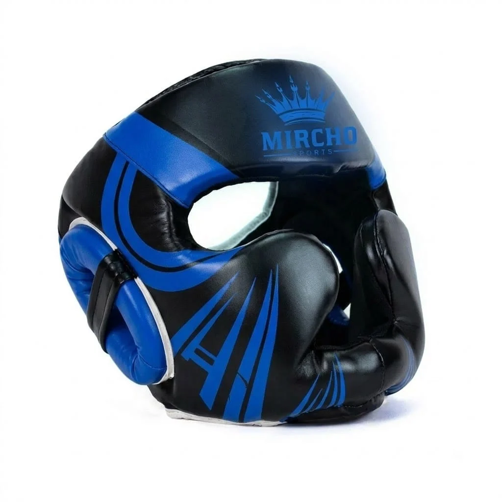 Black and blue boxing head guard with protective padding for combat sports training.