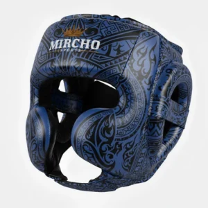 Blue and black patterned boxing head guard with protective cheek pieces and ear coverage.