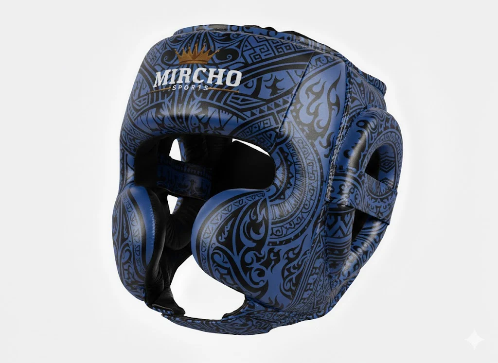Blue and black patterned boxing head guard with protective cheek pieces and ear coverage.