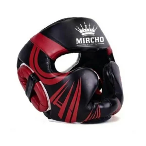 Black and red boxing head guard featuring cheek protection and thick padding for training.