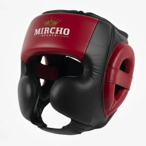 Black and red boxing head guard with cheek protection and secure straps on a white background.