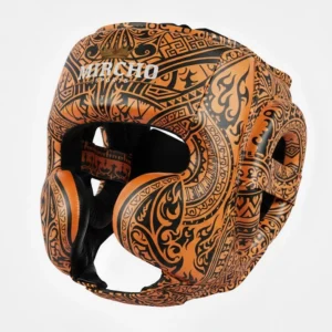 Orange and black tribal print boxing head guard for combat sports training.