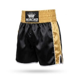 Black and gold boxing shorts with a wide elastic waistband and white trim. - alternate view 2