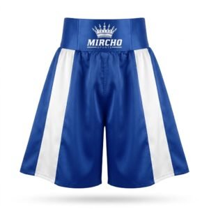 Blue and white boxing shorts with a wide waistband and side panels. - alternate view 2