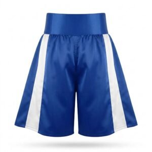 Blue and white boxing shorts with a wide waistband and side panels.