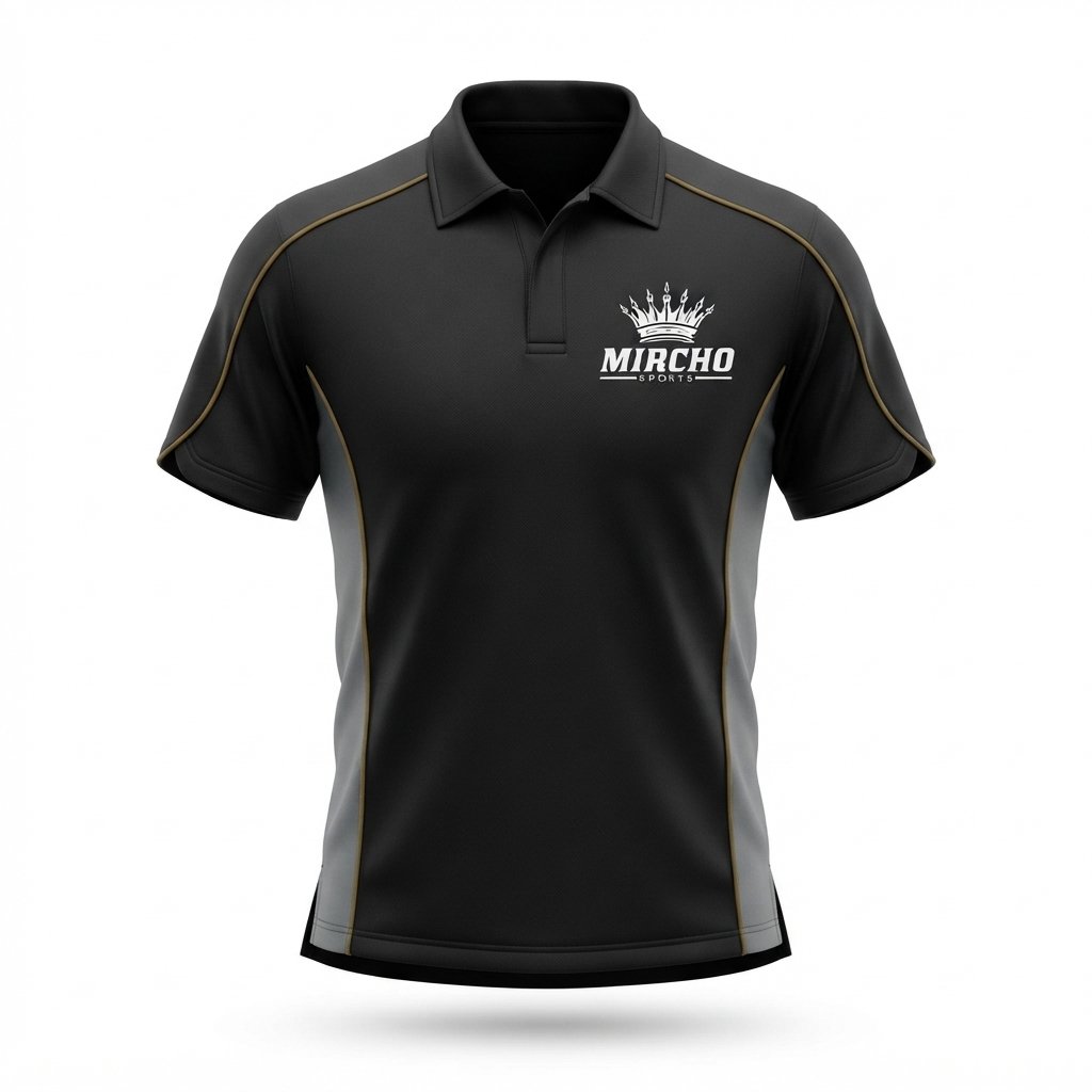 Custom sports apparel polo shirt in black and grey with short sleeves and contrast piping. - alternate view 2