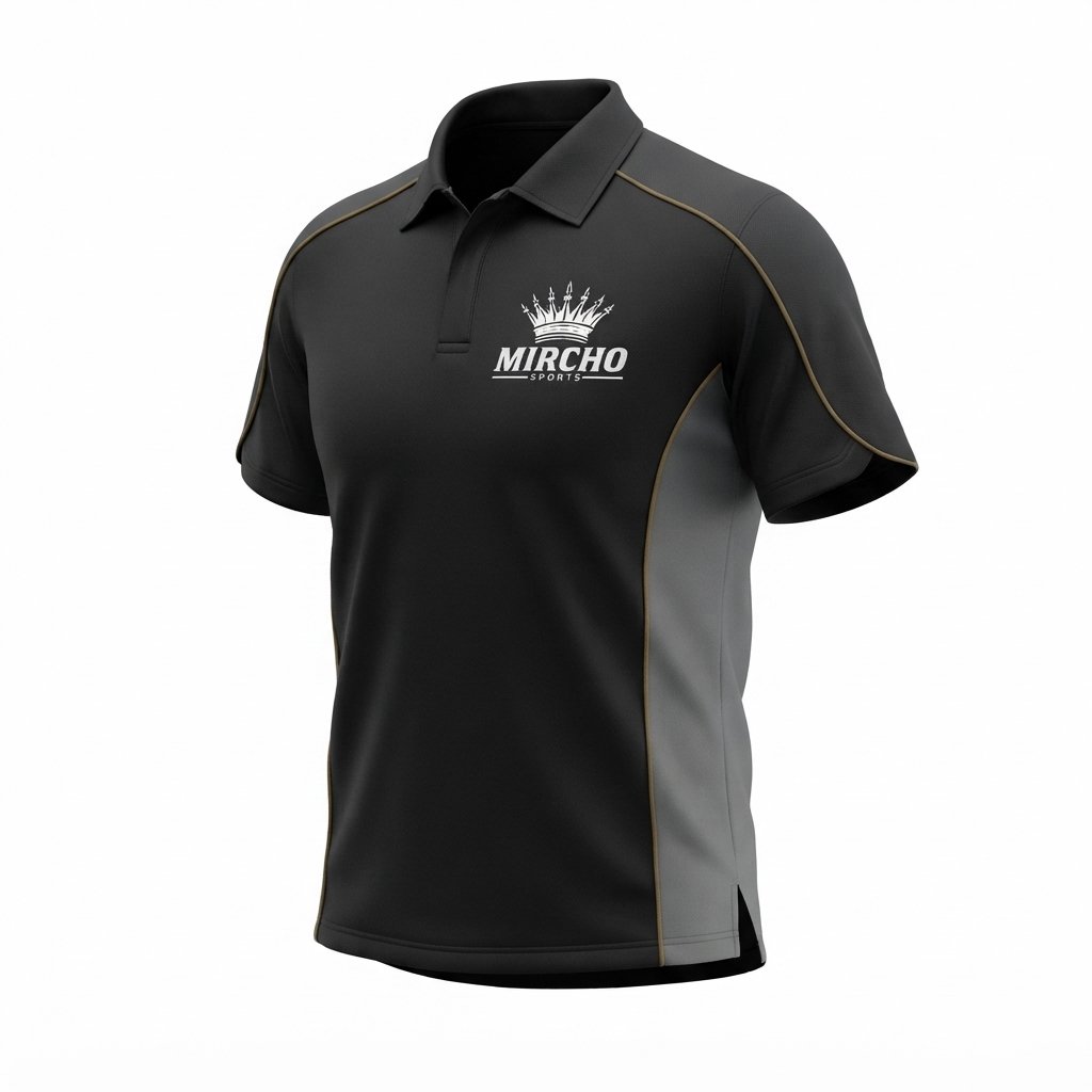 Custom sports apparel polo shirt in black and grey with short sleeves and contrast piping. - alternate view 3