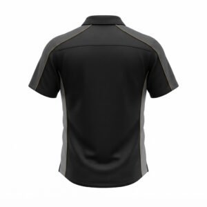 Custom sports apparel polo shirt in black and grey with short sleeves and contrast piping.