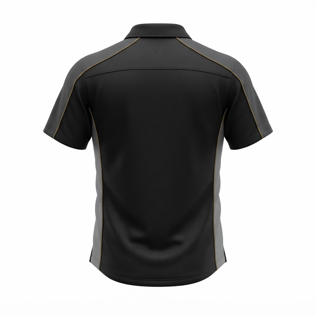 Custom sports apparel polo shirt in black and grey with short sleeves and contrast piping.