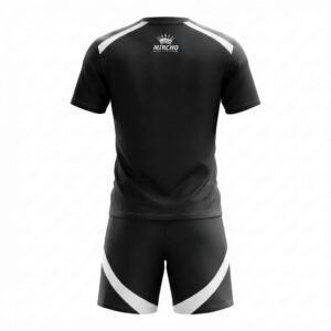 Black and white custom sports jersey and shorts uniform set viewed from the front.