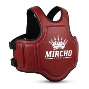 Deep red martial arts body protector with black straps and side padding.