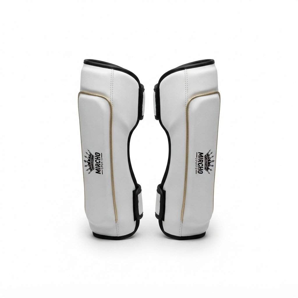 Pair of white martial arts forearm guards with black straps and gold piping against a white background. - alternate view 2