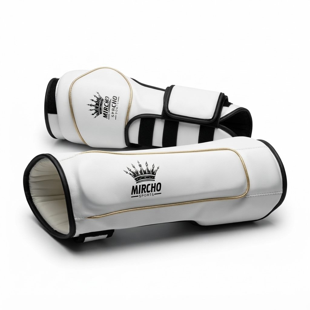 Pair of white martial arts forearm guards with black straps and gold piping against a white background. - alternate view 3