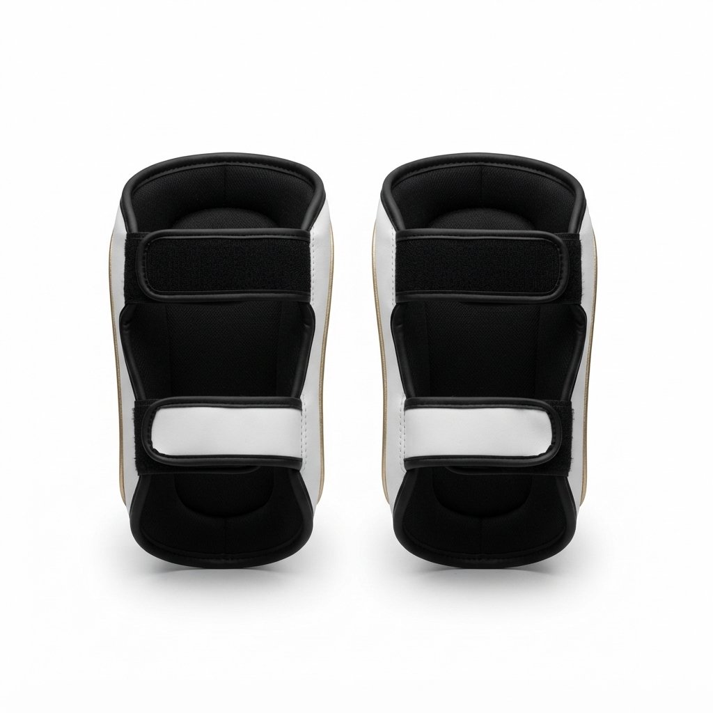 Pair of white martial arts forearm guards with black straps and gold piping against a white background. - alternate view 4