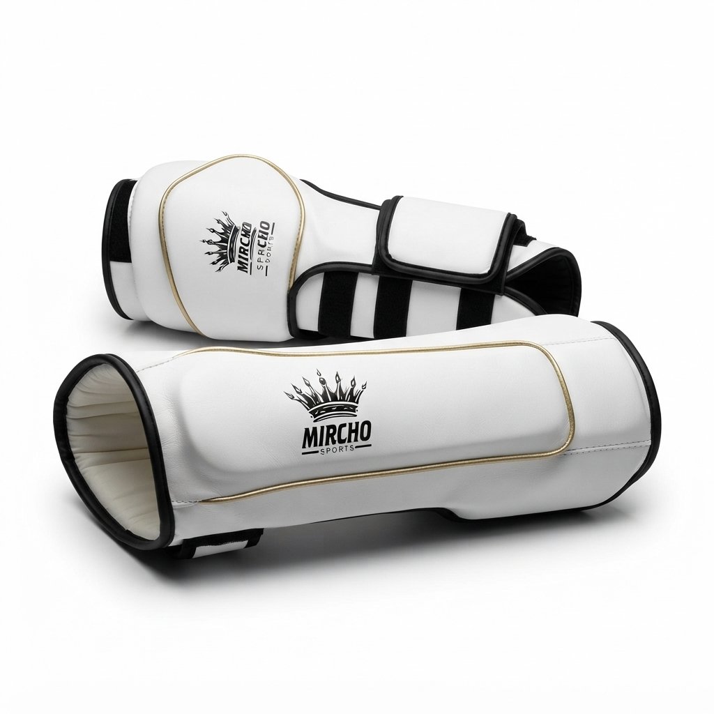 Pair of white martial arts forearm guards with black straps and gold piping against a white background.