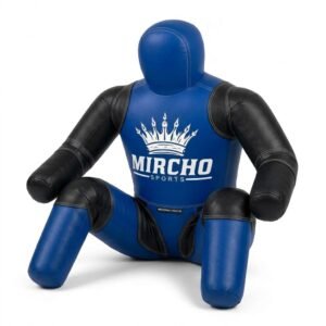 Blue and black grappling training dummy in a seated position against a white background.