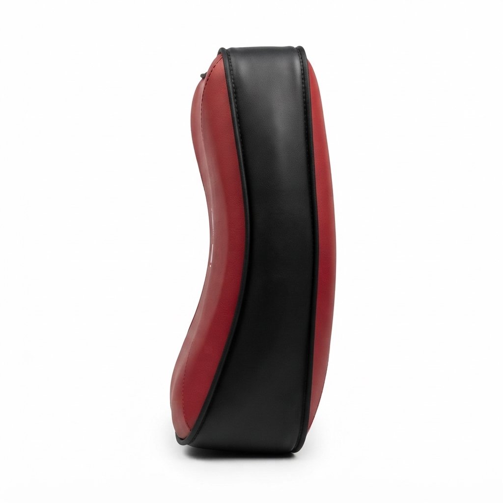 Curved red and black kick shield with rear holding handles and an adjustable strap. - alternate view 2