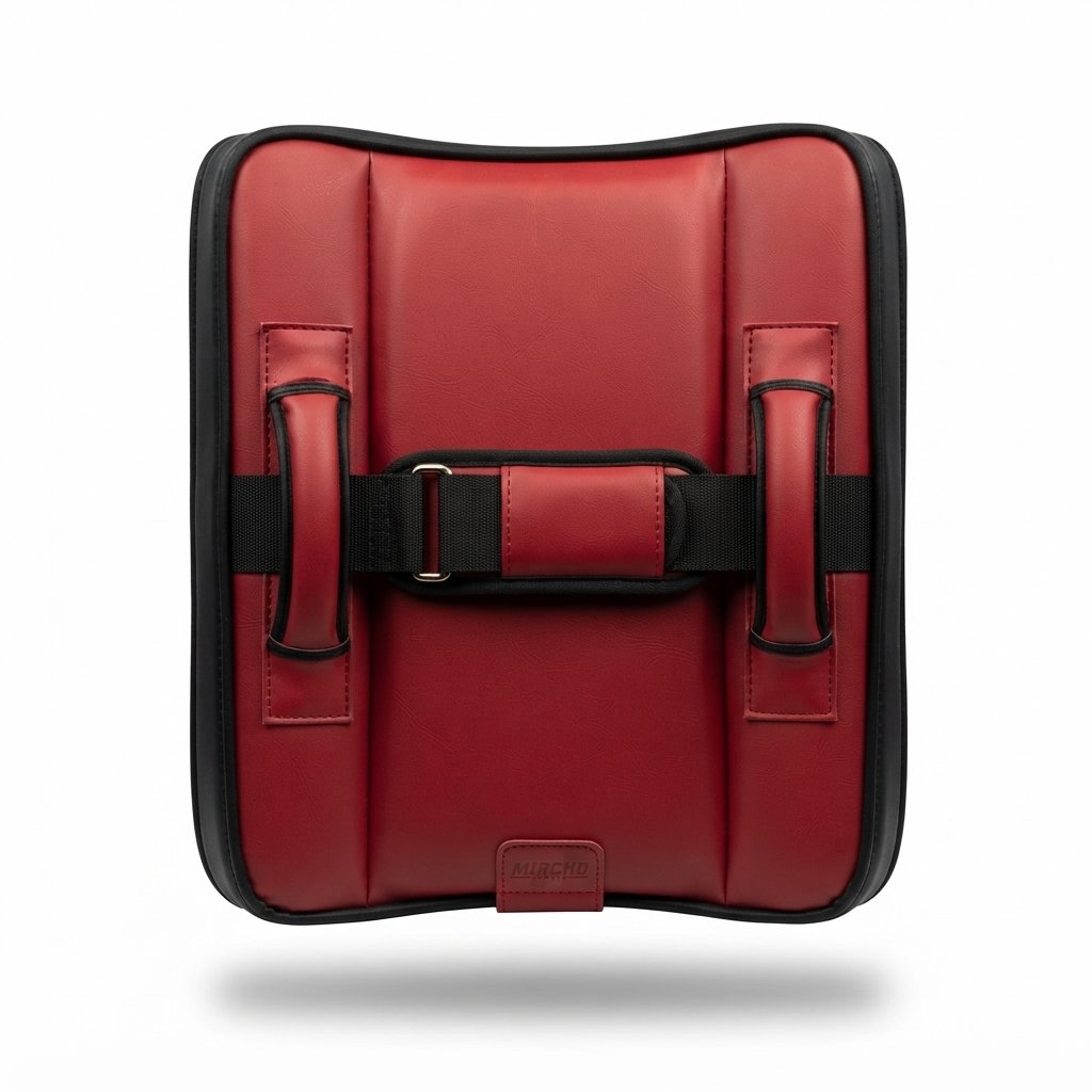 Curved red and black kick shield with rear holding handles and an adjustable strap. - alternate view 3