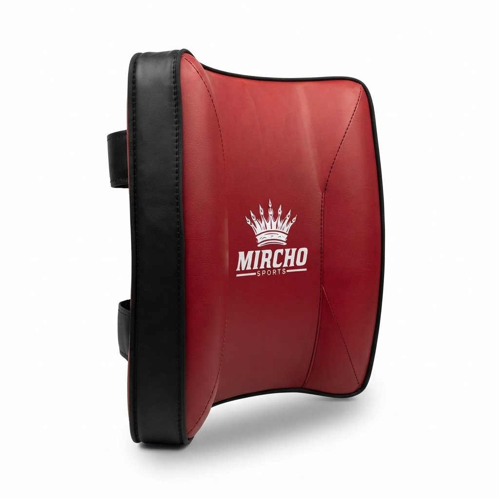 Curved red and black kick shield with rear holding handles and an adjustable strap. - alternate view 4