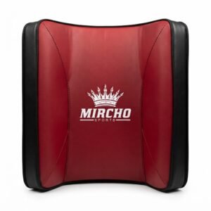 Curved red and black kick shield with rear holding handles and an adjustable strap.