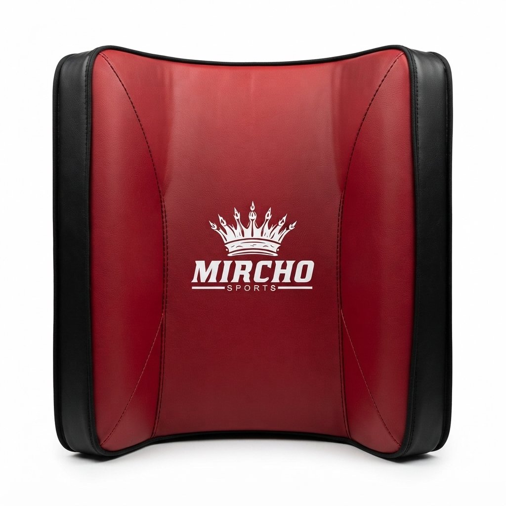 Curved red and black kick shield with rear holding handles and an adjustable strap.