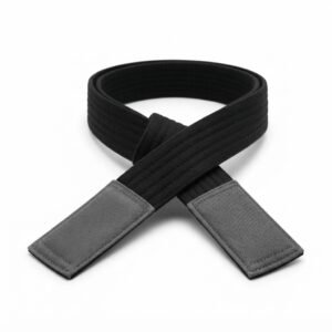 Black martial arts belt with a grey end tab coiled on a white background.