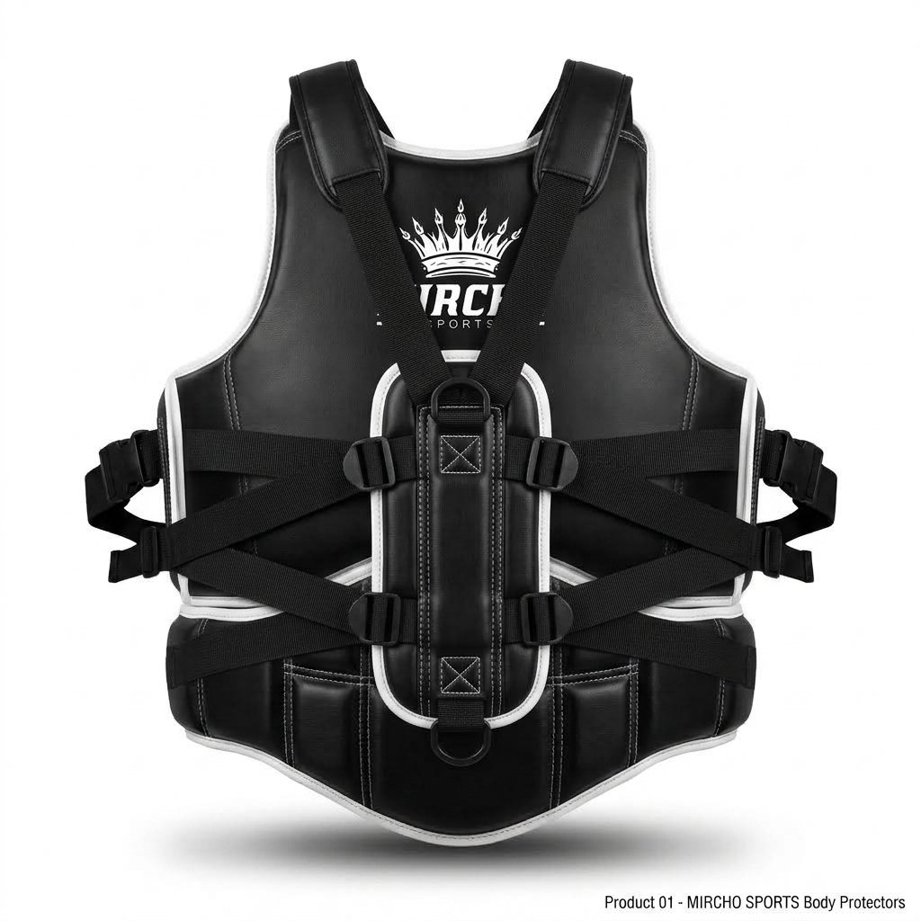 Black and white martial arts body protector featuring segmented padding and adjustable buckle straps. - alternate view 2
