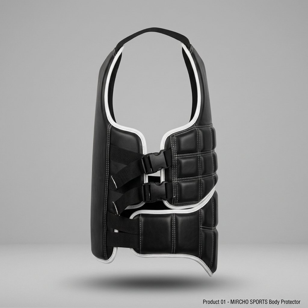 Black and white martial arts body protector featuring segmented padding and adjustable buckle straps. - alternate view 3