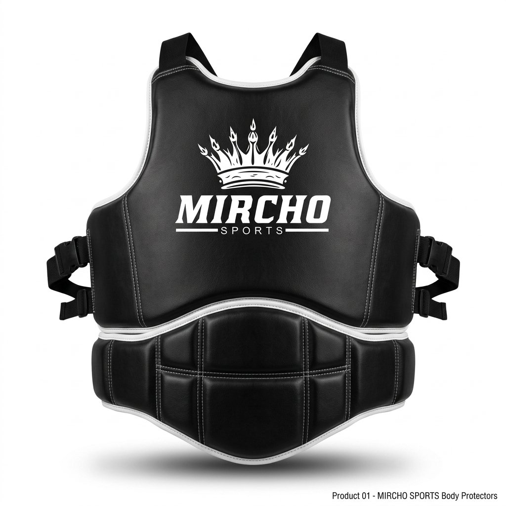 Black and white martial arts body protector featuring segmented padding and adjustable buckle straps. - alternate view 4