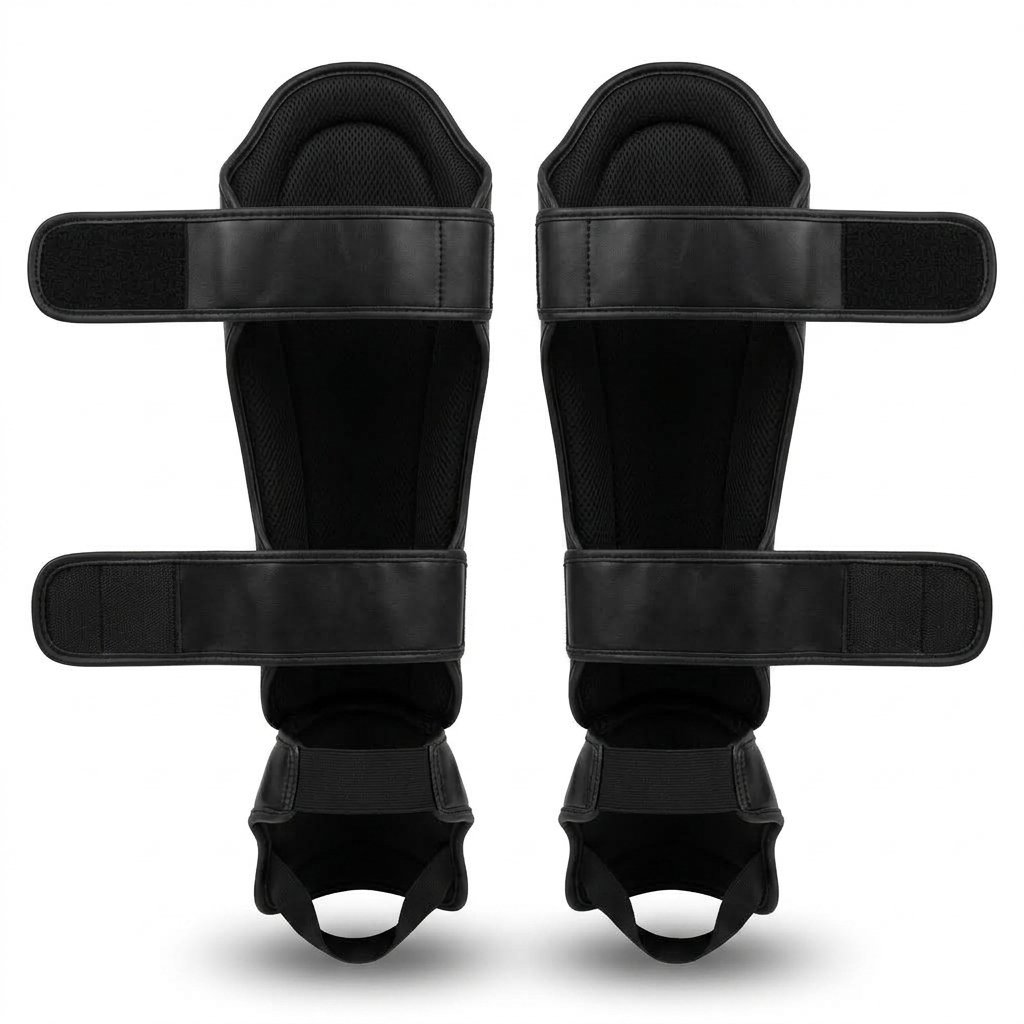 Pair of black martial arts shin guards with dual straps and instep padding. - alternate view 2